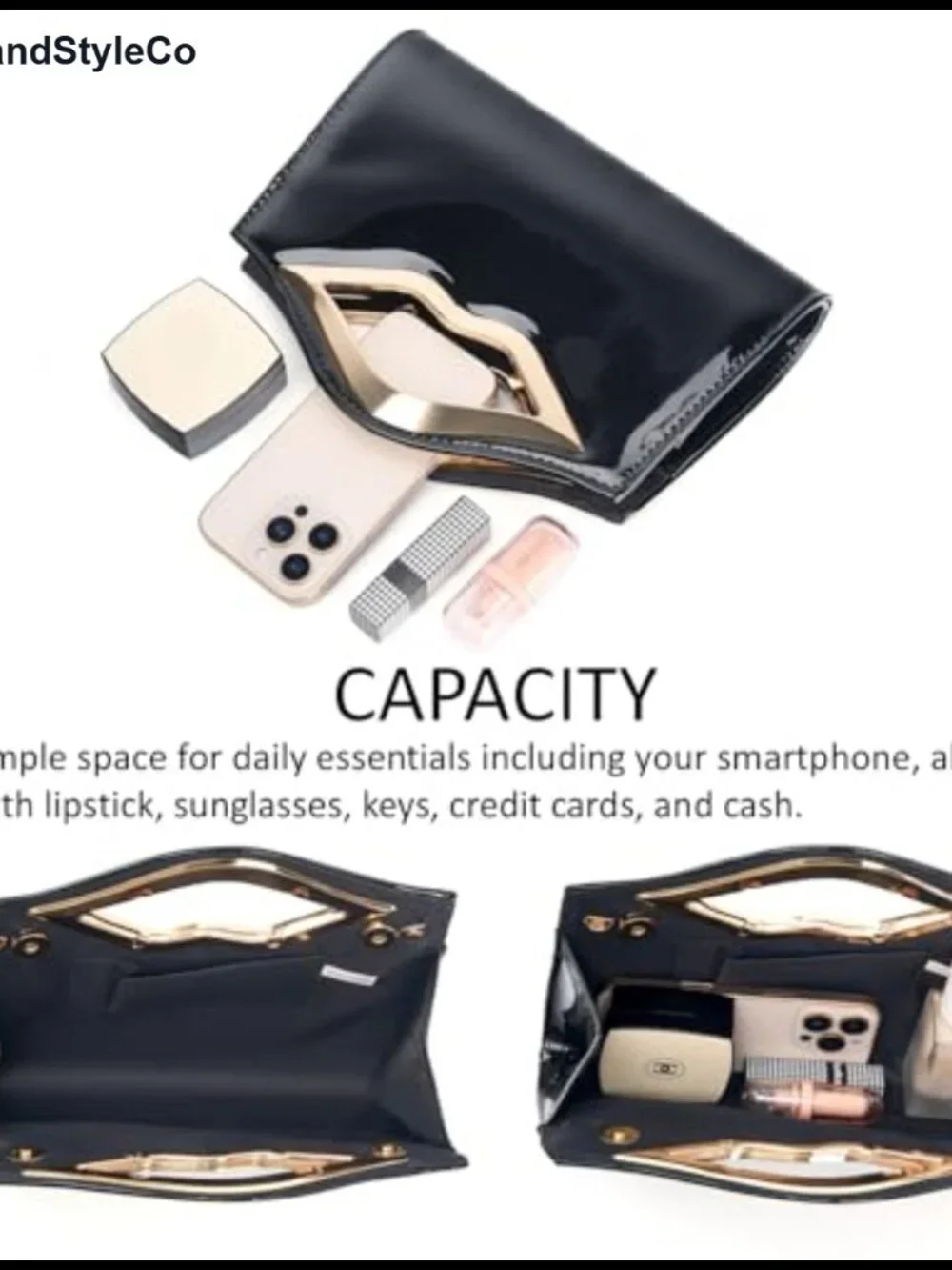 Patent Leather Evening Clutch Purse Lip Metal Grip Handle Handbag for Cocktail